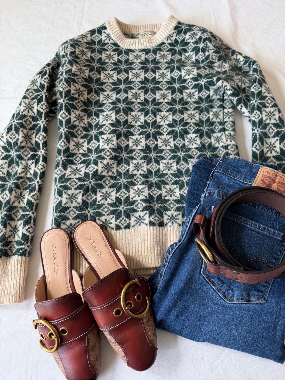 J. Crew Cream and Forest Green Fair Isle Crewneck Sweater - Picture 2 of 9